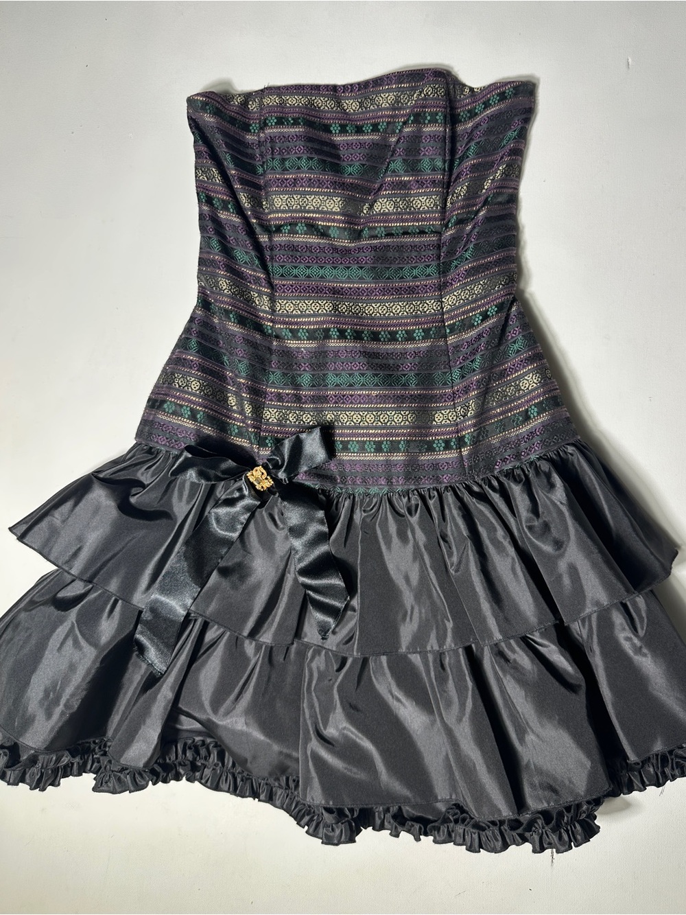 Gunne Sax Strapless Mini Dress in Black with Purple & Green Patterned Bodice